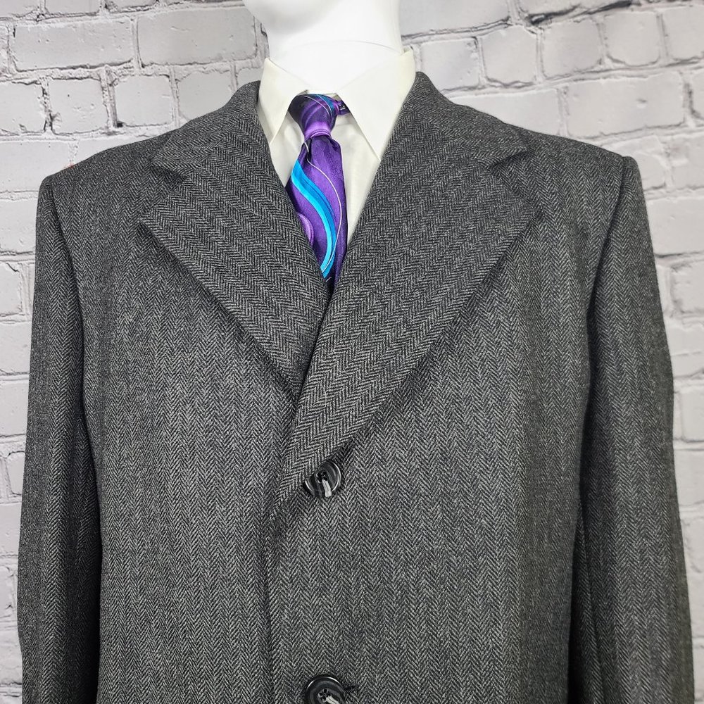 Hart Schaffner Marx Vintage Grey Herringbone Wool Over Coat, XL